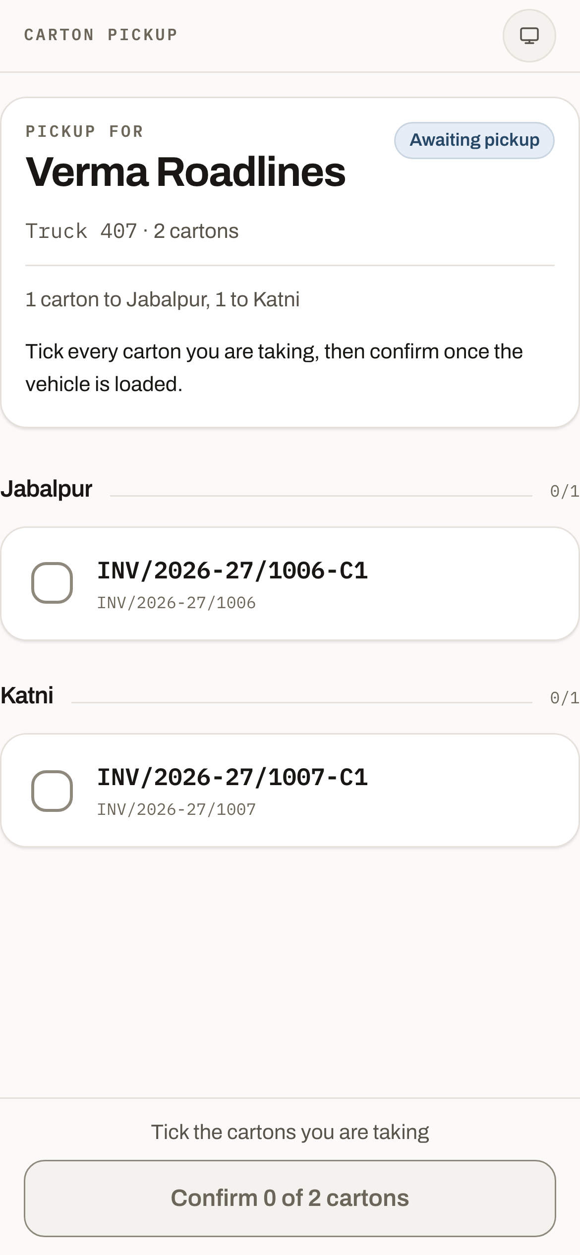 Transporter pickup confirmation